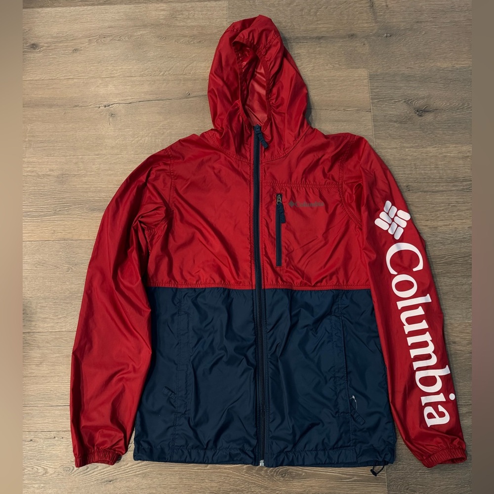 Columbia PFG Men's Morning View UPF 40 Red Blue Packable Windbreaker Rain Jacket